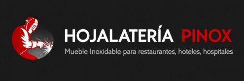 Logo for Hojalatería Pinox with a red and white welder silhouette on the left and bold white 'HOJALATERÍA' and red 'PINOX' text on a dark background, plus grey tagline beneath: 'Mueble Inoxidable para restaurantes, hoteles, hospitales.'