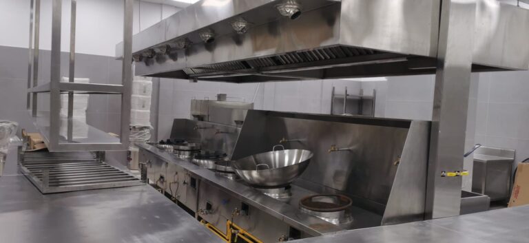 Commercial stainless-steel kitchen with a large overhead vent hood and multiple gas stoves and a wok on a prep counter.